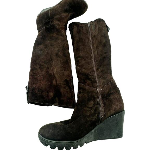 JONES BOOTMAKER | Women's 8 Dark Brown Knee High Zip up Wedge‎ Heel Suede Boots - Picture 2 of 14